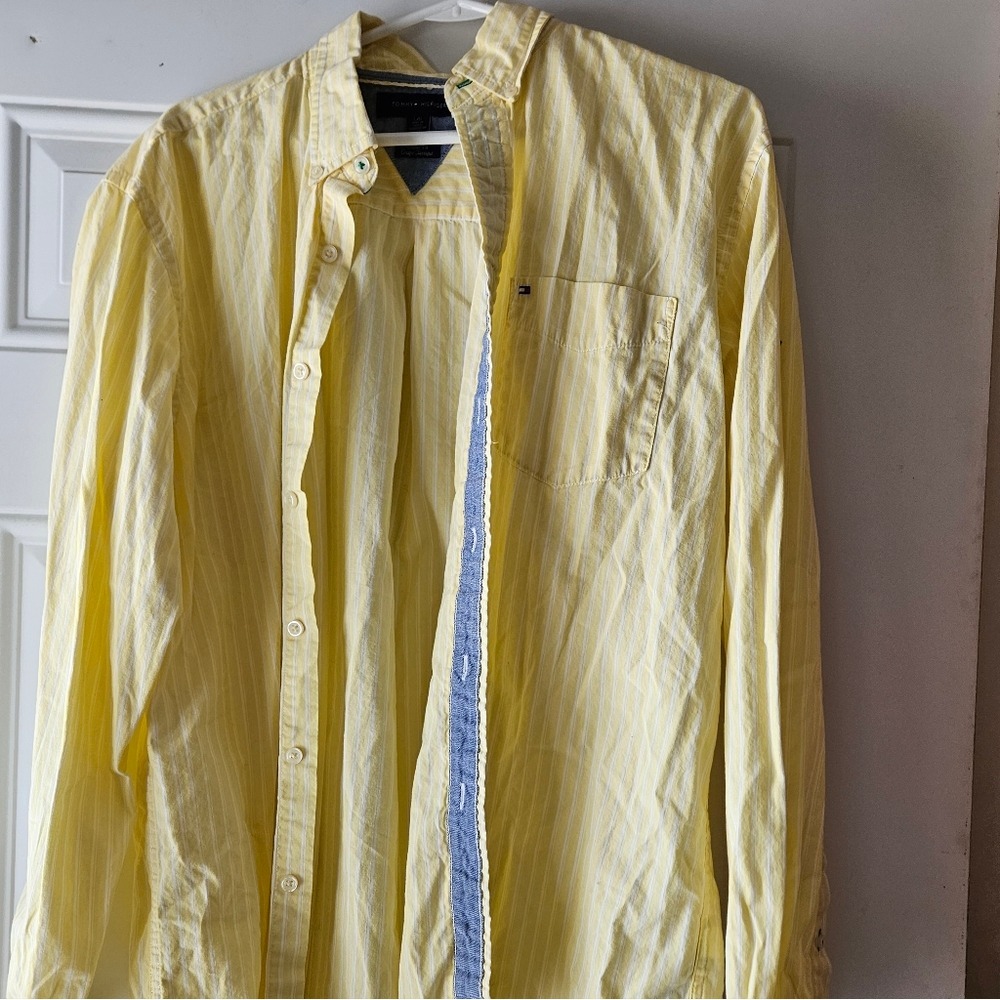 This is a yellow and‎ white striped Tommy Hilfiger men's long-sleeve, classic